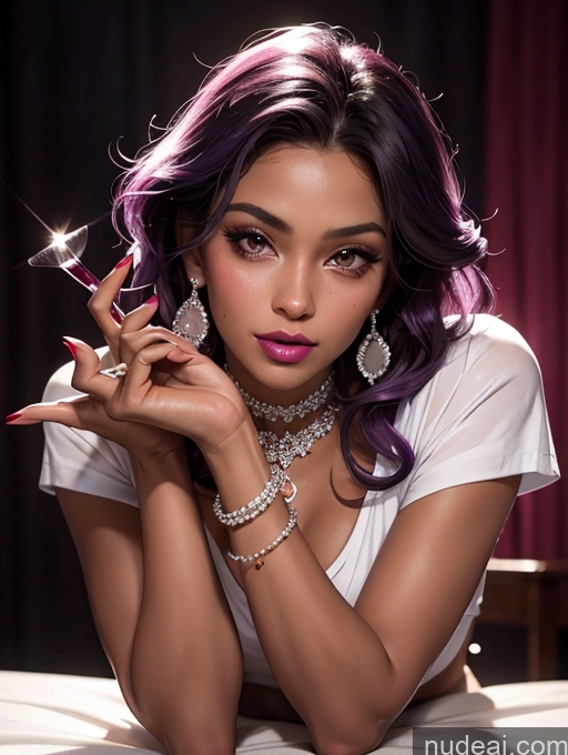 ai nude image of araffe woman with purple hair and jewelry laying on a bed pics of Two Tanned Skin Dark Skin Oiled Body Happy Seductive Pouting Lips Purple Hair Ethiopian High Heels Nurse Diamond Jewelry Pearl Jewelry Wine