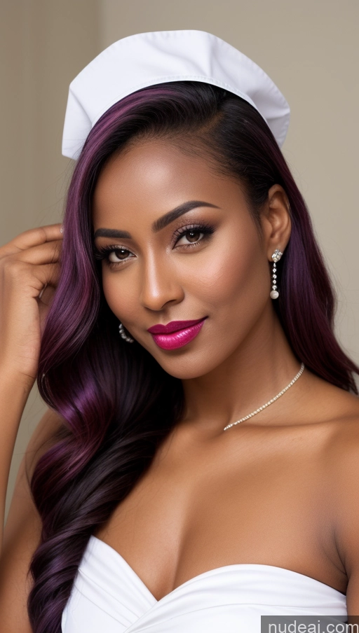 ai nude image of a close up of a woman with a white hat and purple hair pics of Two Tanned Skin Dark Skin Oiled Body Happy Seductive Pouting Lips Purple Hair Ethiopian High Heels Nurse Diamond Jewelry Pearl Jewelry Wine Lipstick