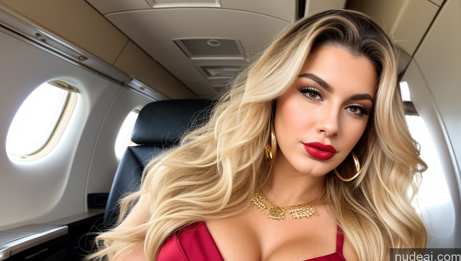 ai nude image of blonde woman in red dress sitting in airplane looking at camera pics of Lipstick Perfect Body Pouting Lips Blonde Long Hair White Flight Attendant Gold Jewelry Cleavage Front View Pubic Hair 18 Busty