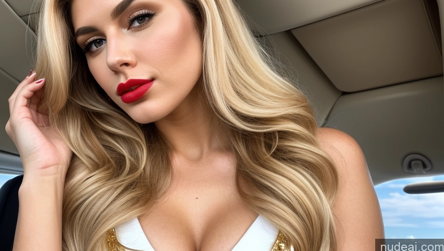 ai nude image of blond woman with red lips and gold dress in car pics of Lipstick Perfect Body Pouting Lips Blonde Long Hair White Flight Attendant Gold Jewelry Cleavage Front View Pubic Hair 18 Busty