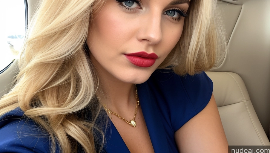 ai nude image of blond woman with blue dress and red lipstick in car pics of Lipstick Perfect Body Pouting Lips Blonde Long Hair White Flight Attendant Gold Jewelry Cleavage Front View Pubic Hair 18 Busty Perfect Boobs