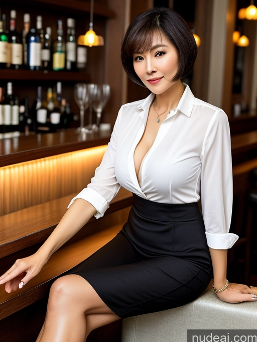 ai nude image of arafed woman sitting at a bar with a glass of wine pics of Milf Beautiful Short Hair 70s Bar High Heels Shirt Stylish Dark Lighting Sexy Face Blouse Tunic Chinese Cleavage Detailed Bra Suit