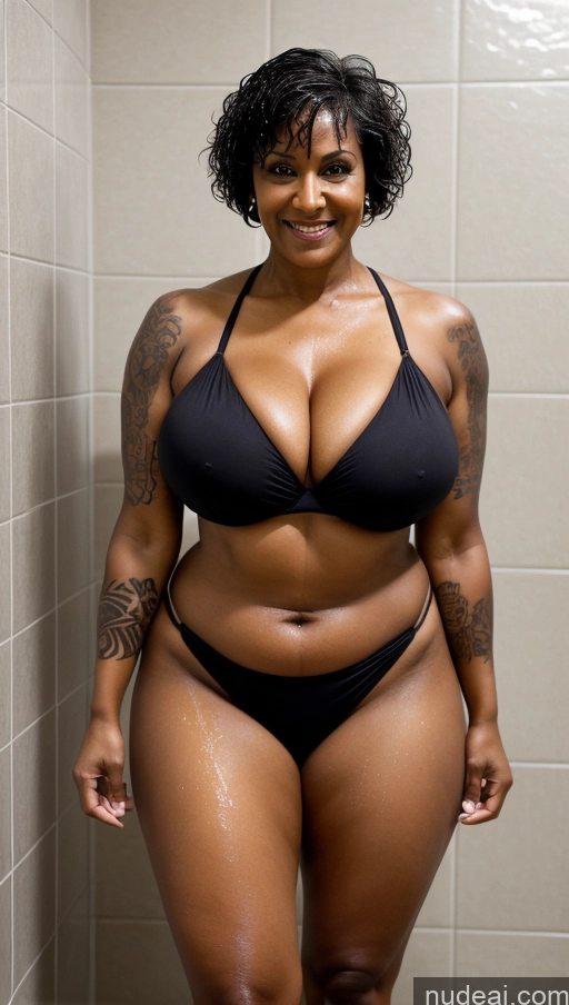 ai nude image of there is a woman in a black bikini posing in a shower pics of Milf Busty Huge Boobs Beautiful Tattoos Big Ass Thick Big Hips Tall Perfect Body Dark Skin Sexy Face Laughing Indian Shower Front View T-pose Detailed Pixie Black Hair 60s Abs Muscular Bikini