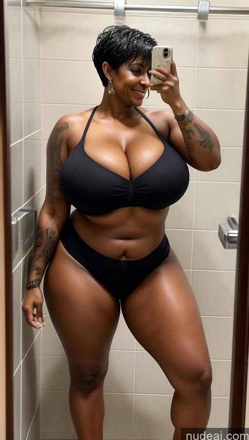 ai nude image of there is a woman taking a selfie in a bathroom mirror pics of Milf Busty Huge Boobs Beautiful Tattoos Big Ass Thick Big Hips Tall Perfect Body Dark Skin Sexy Face Laughing Indian Shower Front View T-pose Detailed Pixie Black Hair 60s Abs Muscular Military