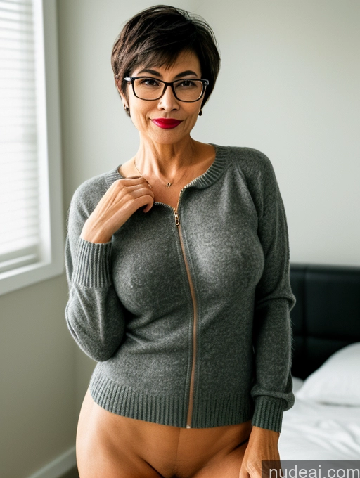 ai nude image of there is a woman in glasses posing on a bed pics of Milf Perfect Boobs Perfect Body Beautiful Glasses Pubic Hair Sexy Face Short Hair Bedroom Sweater Topless Dark Lighting Detailed Lipstick Asian Professor Secretary Teacher 50s