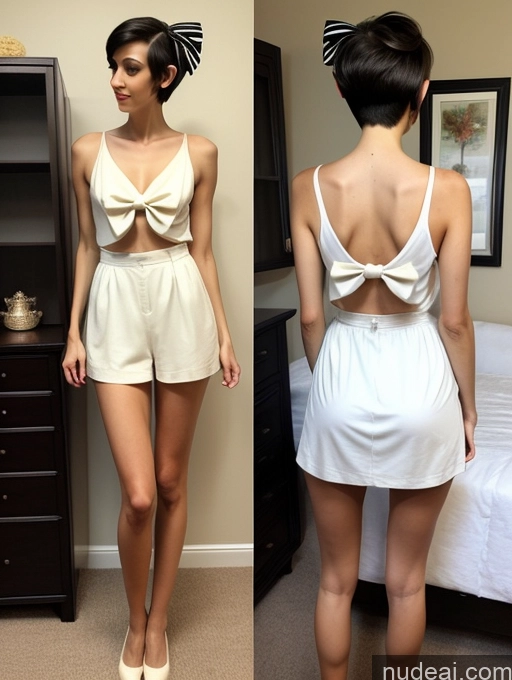 ai nude image of arafed image of a woman in a white romper and high heels pics of Woman Tall Long Legs Skinny Small Ass Small Tits 20s Black Hair Pixie White Front View Bows