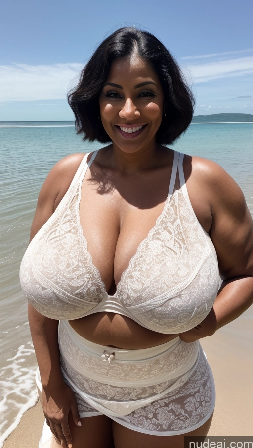 ai nude image of araffe woman in white lingersuit standing on beach next to ocean pics of Milf 50s Sexy Face Indian Busty Tattoos Beautiful Big Ass Big Hips Tall Dark Skin Front View T-pose Detailed Bra Pixie Beach Abs Muscular Long Skirt Huge Boobs Thick Chubby Happy Black Hair