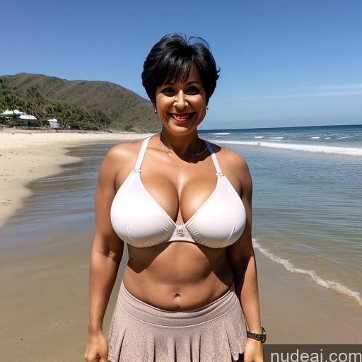 ai nude image of there is a woman in a white bikini posing on the beach pics of Milf 50s Sexy Face Indian Busty Tattoos Beautiful Big Ass Big Hips Tall Dark Skin Front View T-pose Detailed Bra Pixie Abs Muscular Happy Beach Perfect Body Perfect Boobs Black Hair Mini Skirt