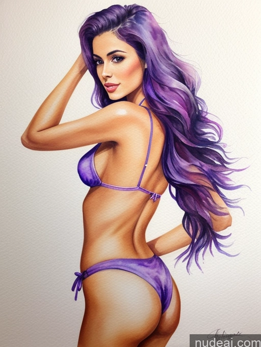 ai nude image of a painting of a woman in a bikini and purple hair pics of Skinny Small Ass Small Tits White Front View Short Long Hair Miss Universe Model 20s Purple Hair Watercolor Bikini