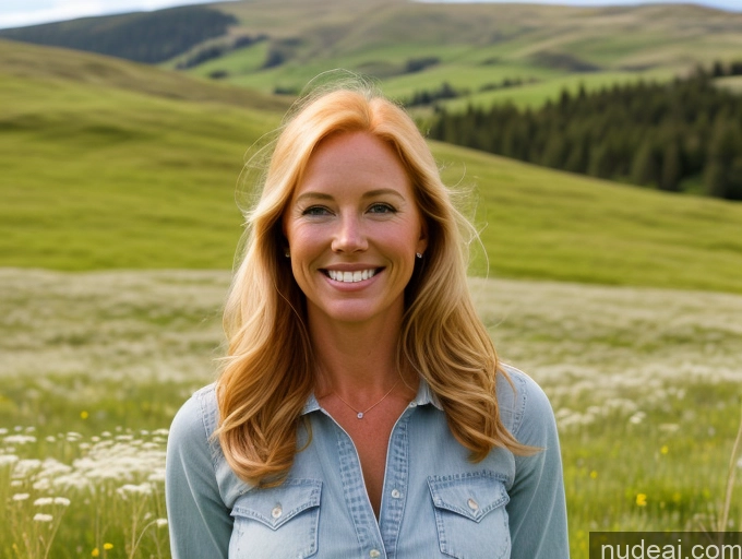 ai nude image of smiling woman in a field of wildflowers with mountains in the background pics of Model One Perfect Boobs 40s Happy Blonde Long Hair Irish Meadow Front View Western Jeans