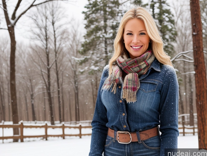 ai nude image of blond woman in denim jacket and scarf standing in snow covered park pics of One Perfect Boobs 40s Happy Blonde Long Hair Front View Western Jeans Blouse Boots Model Swedish Skin Detail (beta) Snow