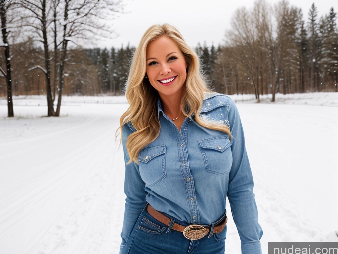 ai nude image of blond woman in blue shirt and jeans standing in snow covered field pics of One Perfect Boobs 40s Happy Blonde Long Hair Front View Western Jeans Blouse Boots Model Swedish Snow