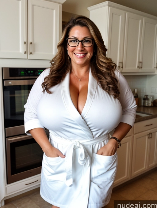 ai nude image of arafed woman in a white robe standing in a kitchen pics of Busty Huge Boobs Beautiful Muscular Big Ass Thick Chubby 50s Happy Brunette Slicked British Apron Bathrobe Bright Lighting Abs Glasses Bodybuilder