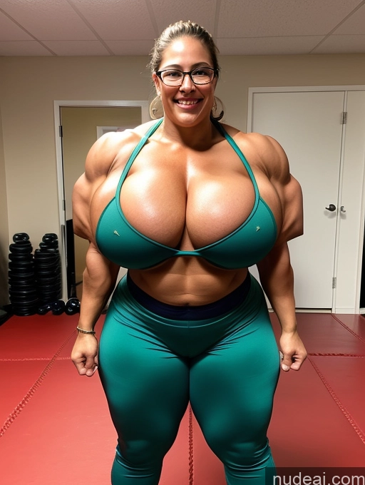 ai nude image of arafed woman in a green bikini posing for a picture pics of Busty Huge Boobs Beautiful Muscular Big Ass Thick Chubby 50s Happy Brunette Slicked British Bright Lighting Abs Glasses Bodybuilder Martial Arts