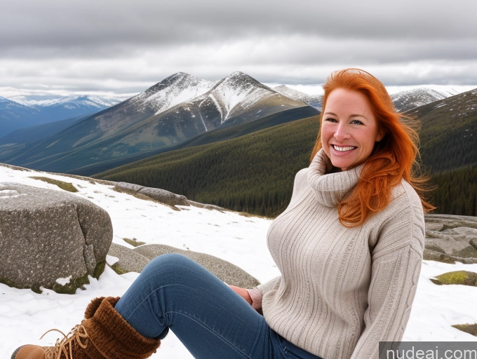 ai nude image of smiling woman sitting on a rock in the snow with mountains in the background pics of One Perfect Boobs 40s Happy Blonde Long Hair Front View Boots Model Mountains Irish Sweater Jeans