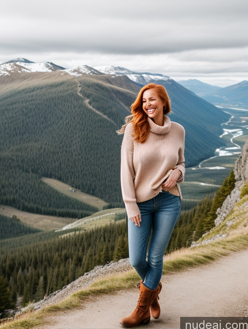 ai nude image of arafed woman in a sweater and jeans standing on a mountain pics of Model One Perfect Boobs 40s Happy Blonde Long Hair Irish Mountains Boots Sweater Jeans Side View