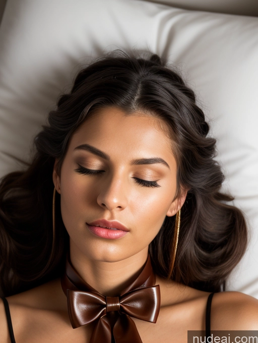 ai nude image of arafed woman laying on a bed with a brown bow tie pics of Woman One Skinny Long Legs Thick Perfect Body 18 Pouting Lips Black Hair Bedroom Bow Tie Indian Leather Gold Jewelry Gloves Kilt Sleeping Braided 3d