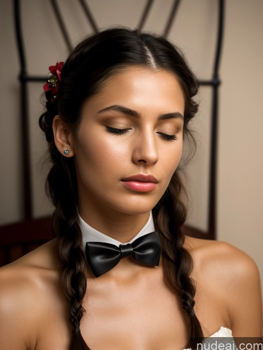 ai nude image of arafed woman with braid hair and a bow tie in a room pics of Woman One Skinny Long Legs Thick Perfect Body 18 Pouting Lips Black Hair Bedroom Bow Tie Indian Leather Gold Jewelry Gloves Kilt Sleeping Braided 3d