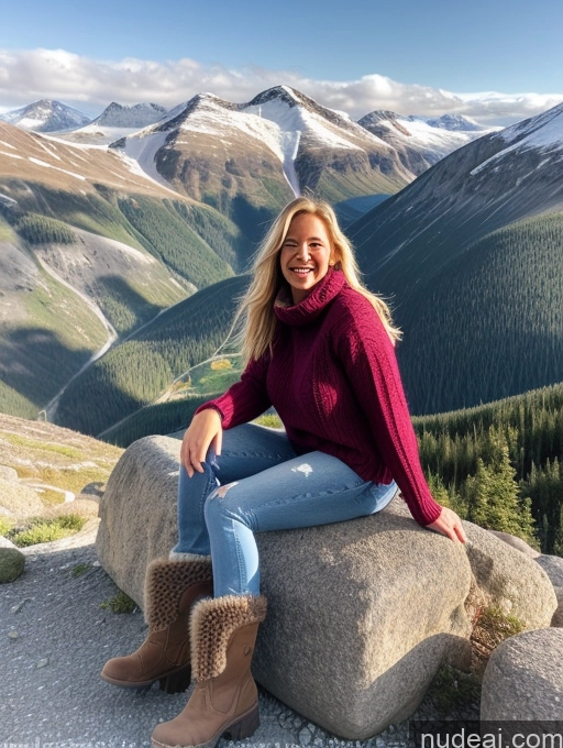 ai nude image of araffe sitting on a rock in the mountains with a view of a valley pics of Model One Perfect Boobs 40s Happy Blonde Long Hair Mountains Front View Boots Jeans Sweater Swedish