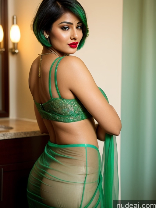 ai nude image of araffed woman in a green dress posing in a bathroom pics of Woman Seductive Sexy Face Big Ass Thick Short Hair Indian Transparent Bright Lighting Detailed Pubic Hair Perfect Body 20s Green Hair Lipstick Sari