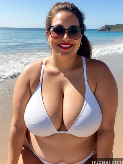 ai nude image of araffed woman in a white bikini on the beach pics of Woman One Busty Huge Boobs Sunglasses Lipstick Big Ass Thick Chubby Fat Big Hips 20s Happy Brunette White Beach Front View T-pose Bikini Ponytail