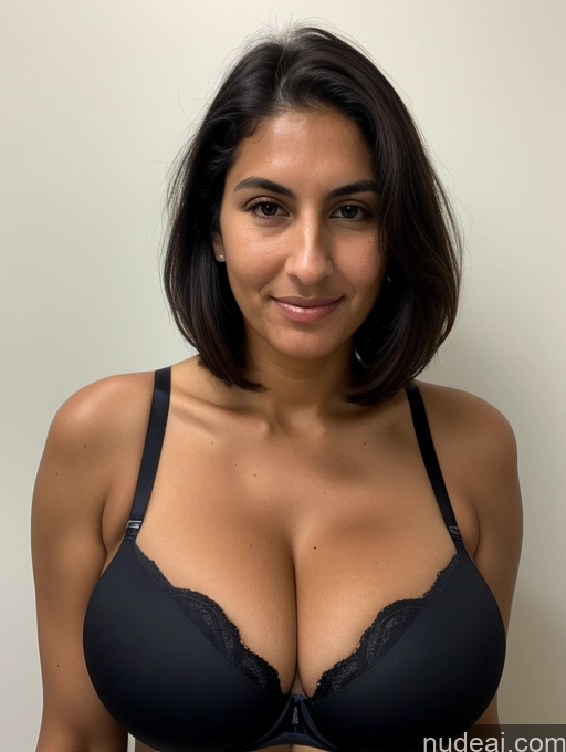 ai nude image of arafed woman in a black bra with a black bra pics of Front View Bending Over Tall Tanned Skin Huge Boobs Black Hair Bobcut Sad Jewish Push-up Bra Cleavage Milf Serious Laughing 18