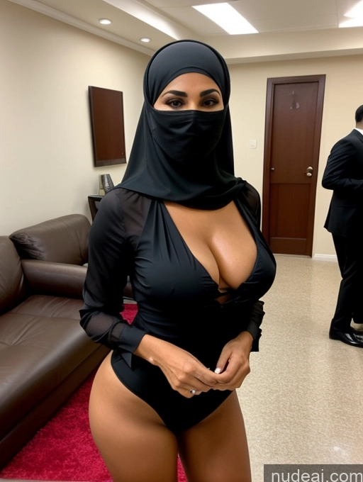 ai nude image of araffe wearing a black dress and a black hijab pics of Milf Two Perfect Boobs Beautiful Perfect Body Short Hair Dark Skin Arabic Party Blouse High Heels Niqab Suit Cleavage Partially Nude Detailed Sexy Face 70s