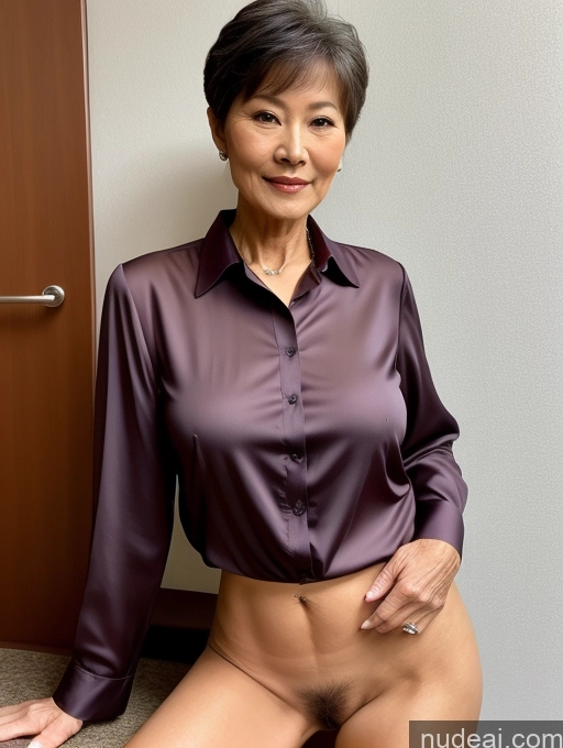 ai nude image of arafed asian woman in a purple shirt posing naked pics of Milf Perfect Boobs Perfect Body Pubic Hair 70s Pixie Chinese Spreading Legs Nude Blouse Casual Professor Shirt Stylish Suit Detailed