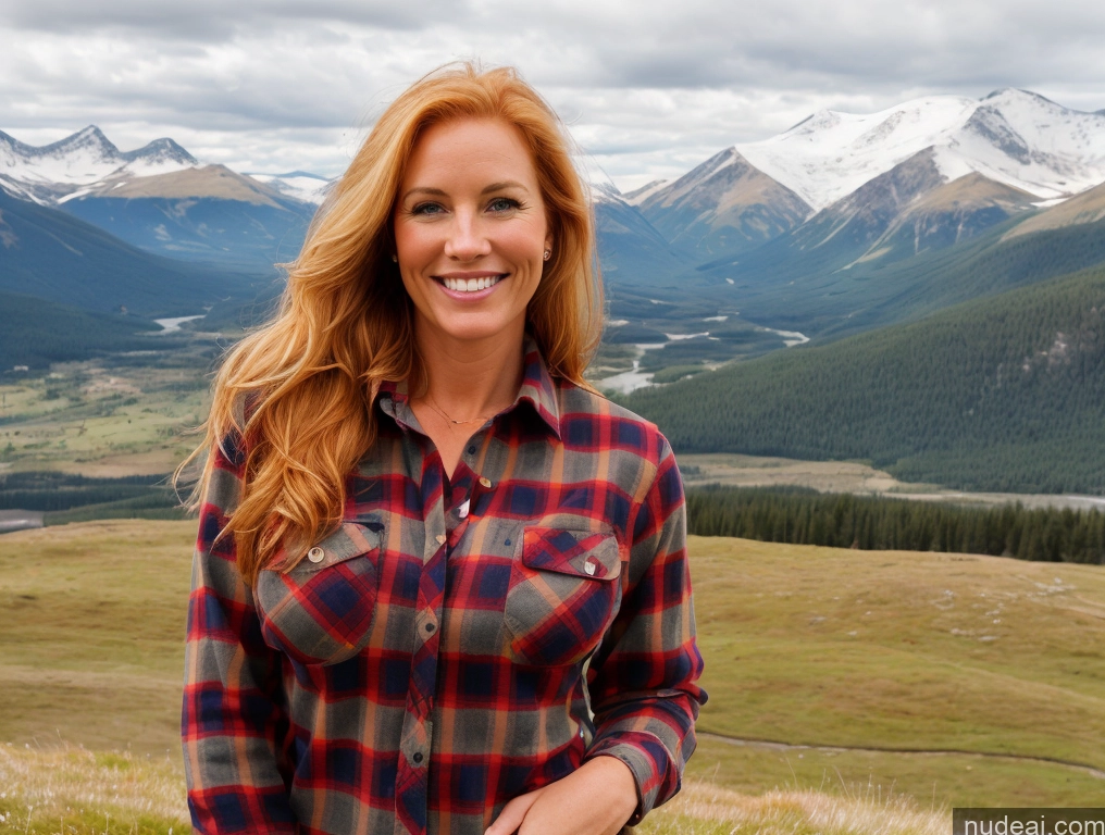 ai nude image of smiling woman in plaid shirt standing in front of a mountain range pics of One Perfect Boobs 40s Happy Long Hair Front View Blonde Model Mountains Jeans Lumberjack Irish