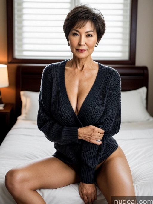 ai nude image of arafed woman in a black sweater sitting on a bed pics of Milf Several Perfect Boobs Beautiful Skinny Perfect Body Pubic Hair Short Hair 70s Chinese Bedroom Spreading Legs Nude Sweater Dark Lighting Detailed Sexy Face