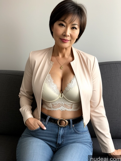 ai nude image of arafed asian woman in a bra top and jeans sitting on a couch pics of Milf Two Busty Perfect Boobs Beautiful Perfect Body Short Hair 60s Chinese Couch Blouse Bra Casual Jacket Jeans Cleavage Dark Lighting Detailed Sexy Face