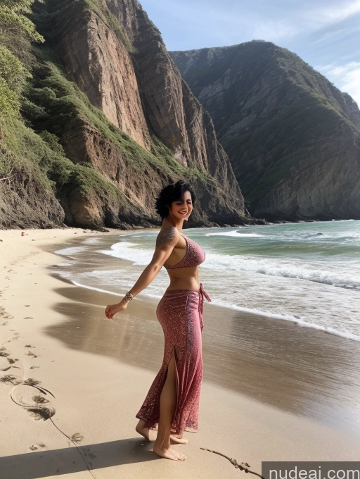 ai nude image of arafed woman in a pink dress standing on a beach pics of Milf Busty Perfect Boobs Beautiful Tattoos Muscular Abs Big Ass Big Hips Tall Perfect Body Dark Skin 50s Sexy Face Happy Black Hair Pixie Indian Beach Front View T-pose Long Skirt Detailed Bikini