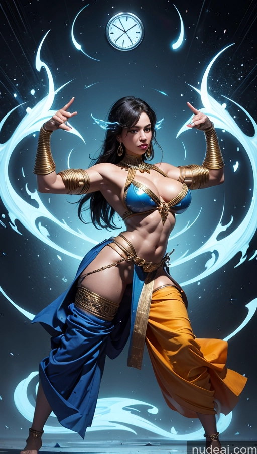 ai nude image of arafed woman in a blue outfit and gold jewelry is dancing pics of Sari Several Powering Up Surrealist Busty Muscular Abs Bodybuilder Dynamic View Fantasy Armor