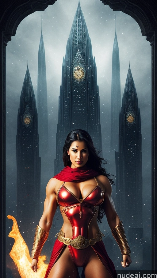 ai nude image of arafed woman in a red costume holding a sword in front of a castle pics of Sari Several Powering Up Surrealist Busty Muscular Abs Bodybuilder Dynamic View Fantasy Armor Knight