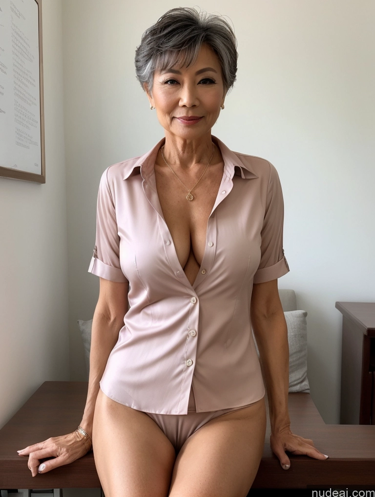 ai nude image of there is a woman in a pink shirt posing on a desk pics of Milf Perfect Boobs Perfect Body Pubic Hair 60s Pixie Chinese Spreading Legs Nude Blouse Casual Shirt Stylish Suit Teacher Detailed