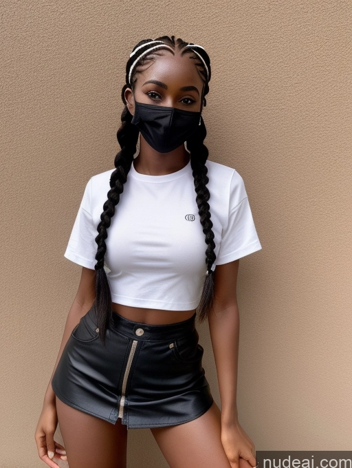 ai nude image of a woman wearing a black mask and a white shirt pics of 18 Small Tits Small Ass Skinny Short Fairer Skin Detailed One African Braided Black Hair Front View Mini Skirt High Socks Face Mask