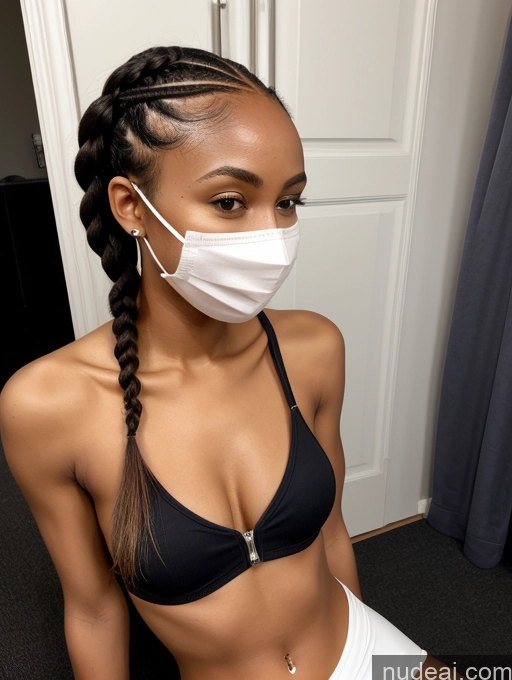 ai nude image of there is a woman wearing a mask and a bikini top pics of 18 Small Tits Small Ass Skinny Short Fairer Skin Detailed One African Braided Black Hair Front View Mini Skirt High Socks Face Mask Topless