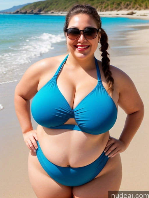 ai nude image of araffe woman in a blue bikini posing on the beach pics of One Woman Busty Huge Boobs Sunglasses Lipstick Big Ass Chubby Thick Big Hips Fat 20s Happy Brunette Pigtails White Beach Front View T-pose Bikini