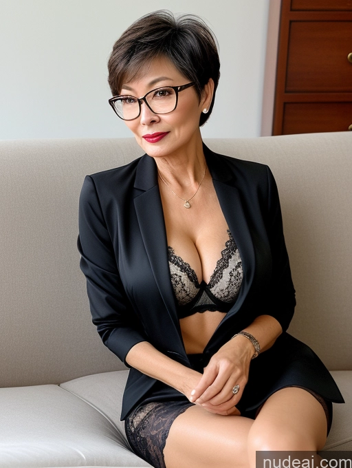 ai nude image of there is a woman sitting on a couch wearing glasses pics of Milf Perfect Body Perfect Boobs Beautiful Glasses 60s Sexy Face Short Hair Chinese Couch Blouse Bra Casual Jacket Suit Shirt Professor Cleavage Detailed Lipstick