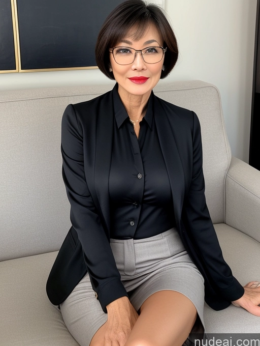 ai nude image of there is a woman sitting on a couch wearing glasses pics of Milf Perfect Body Perfect Boobs Beautiful Glasses 60s Sexy Face Short Hair Chinese Couch Blouse Bra Casual Jacket Suit Shirt Professor Cleavage Detailed Lipstick Spreading Legs