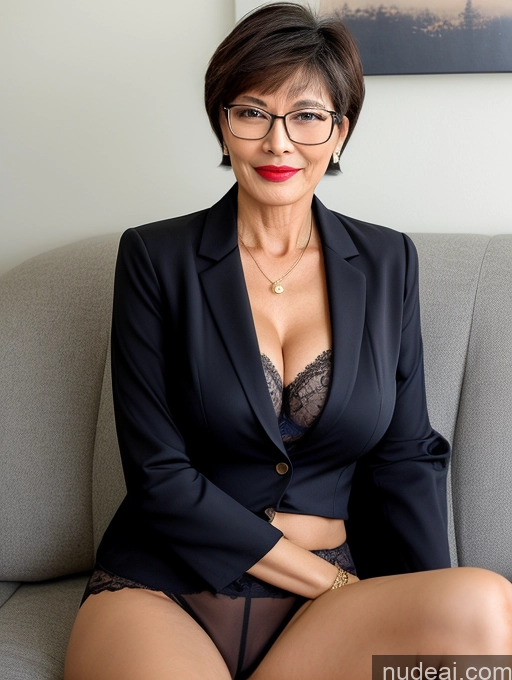 ai nude image of there is a woman sitting on a couch wearing a suit and glasses pics of Milf Perfect Body Perfect Boobs Beautiful Glasses 60s Sexy Face Short Hair Chinese Couch Blouse Bra Casual Jacket Suit Shirt Professor Cleavage Detailed Lipstick Spreading Legs