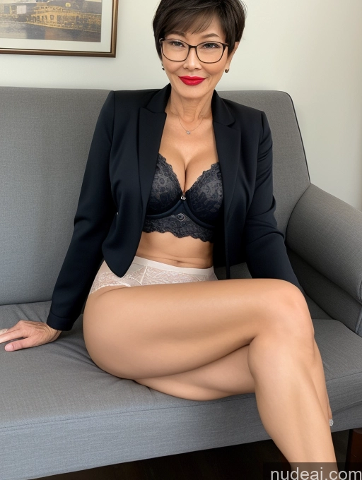 ai nude image of there is a woman sitting on a couch wearing a black jacket and panties pics of Milf Perfect Body Perfect Boobs Beautiful Glasses 60s Sexy Face Short Hair Chinese Couch Blouse Bra Casual Jacket Suit Shirt Professor Cleavage Detailed Lipstick Spreading Legs