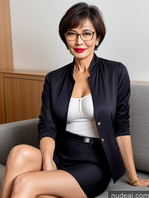 ai nude image of arafed woman sitting on a couch wearing a black jacket and glasses pics of Milf Perfect Body Perfect Boobs Beautiful Glasses 60s Sexy Face Short Hair Chinese Couch Blouse Bra Casual Jacket Suit Shirt Professor Cleavage Detailed Lipstick Spreading Legs