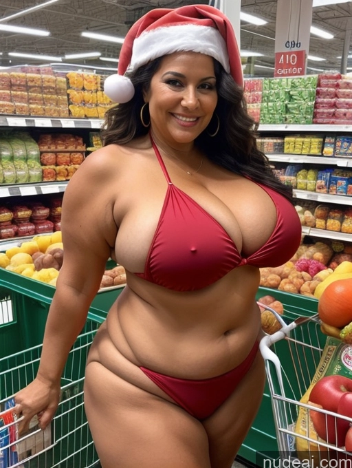 ai nude image of arafed woman in a red bikini and santa hat in a grocery store pics of Milf Busty Huge Boobs Tanned Skin Front View Thong Microkini Brazilian 70s Chubby Grocery Santa