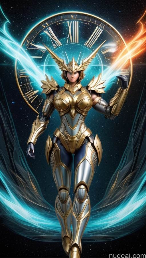 ai nude image of a close up of a woman in a gold suit with a clock pics of Sari Several Powering Up Surrealist Dynamic View Abs Muscular Busty Bodybuilder Knight SSS: A-Mecha Musume A素体机娘