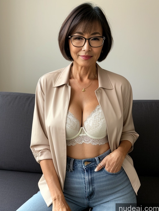 ai nude image of there is a woman sitting on a couch wearing glasses and a jacket pics of Milf Perfect Boobs Perfect Body Beautiful Glasses 60s Sexy Face Short Hair Japanese Couch Blouse Bra Casual Jacket Jeans Stylish Cleavage Dark Lighting Detailed