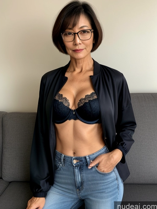 ai nude image of arafed woman in glasses and a black jacket posing on a couch pics of Milf Perfect Boobs Perfect Body Beautiful Glasses 60s Sexy Face Short Hair Japanese Couch Blouse Bra Casual Jacket Jeans Stylish Cleavage Dark Lighting Detailed