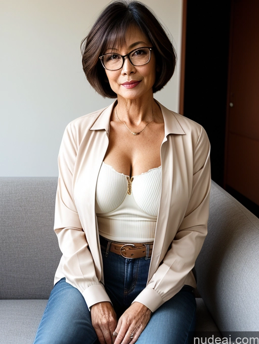 ai nude image of there is a woman sitting on a couch with a jacket on pics of Milf Perfect Boobs Perfect Body Beautiful Glasses 60s Sexy Face Short Hair Japanese Couch Blouse Bra Casual Jacket Jeans Stylish Cleavage Dark Lighting Detailed