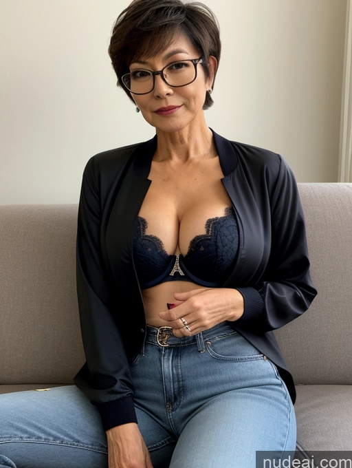 ai nude image of there is a woman sitting on a couch with a bra pics of Milf Perfect Boobs Perfect Body Beautiful Glasses 60s Sexy Face Short Hair Japanese Couch Blouse Bra Casual Jacket Jeans Stylish Cleavage Dark Lighting Detailed