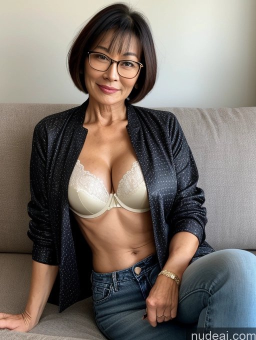 ai nude image of arafed woman with glasses sitting on a couch with a bra pics of Milf Perfect Boobs Perfect Body Beautiful Glasses 60s Sexy Face Short Hair Japanese Couch Blouse Bra Casual Jacket Jeans Cleavage Dark Lighting Detailed